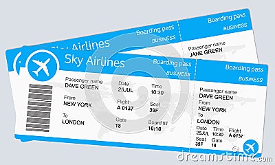 Plane ticket template. Airplane flight ticket blank. Boarding pass. Travel by plane concept with 2 tickets. Vector illustration. Vector Illustration